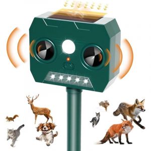 Répulsif d'extérieur pour chats, répulsif solaire à ultrasons anti-pigeons 2025 avec lumière LED, 12 m, 120°, étanche IP45, pour renards, martres,