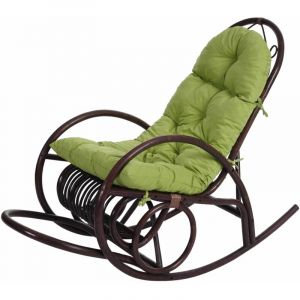 HHG - Fauteuil &agrave; bascule 648, fauteuil pivotant, fauteuil en rotin, marron, rembourrage vert