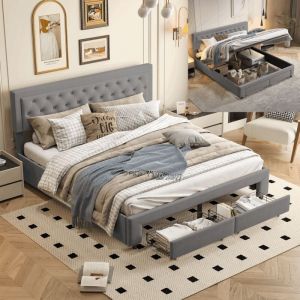 Lit 160x200,lit coffre 160x200,lit 160x200 avec sommier,lit adulte,lit double,avec deux tiroirs,Conception de rivets,Velours,Gris