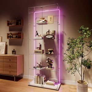 Vitrine en verre, 187x79x35cm, 5 niveaux, vitrine de collectionneur avec bande lumineuse LED, vitrine de rangement en verre noir pour la chambre, le