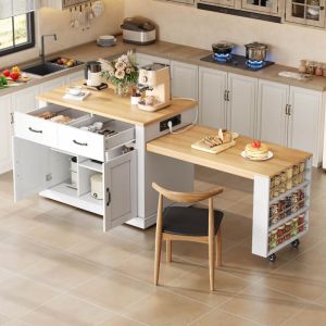 &Icirc;lot de cuisine avec table extensible, prises USB, 7 roulettes, 132(235)x70x90 cm, MDF blanc et ch&ecirc;ne