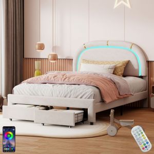 Lit 140x190 cm, avec 2 tiroirs, éclairage led, sommier à lattes en bois, cadre en métal, espace de rangement, lit capitonné en velours - Beige