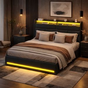 Lit coffre 160x200 cm, lit double avec rangement, lit 160 x 200 cm avec sommier LED, lit capitonn&eacute; cadre de lits avec &agrave; lattes, PU, sans matelas, noir