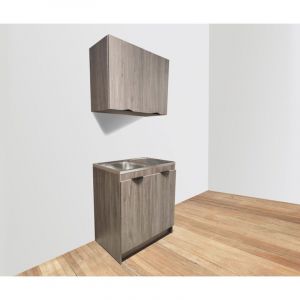 Inoval - kitchenette chene gris 80cm + plan evier inox + meuble haut