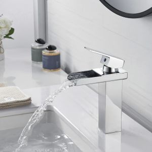 Alovez - Robinet Salle Bain Cascade Chromé Mitigeur Lavabo en Laiton Moderne Carré Robinet Lavabo Bec Large Mitigeur Salle de Bain Robinet Lave Main