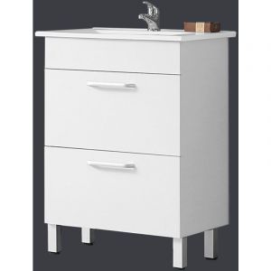Meuble de salle de bain Armoire de rangement Meuble lavabo Meuble sous vasque sur pied avec lavabo int&eacute;gr&eacute; 2 tiroirs Blanc L.58cmxP.38cmxH.82.4cm