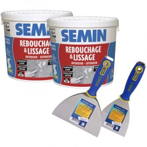 Lot de 2 enduits de rebouchage en p&acirc;te sp&eacute;cial fissures et trous de vis Semin int&eacute;rieur/ext&eacute;rieur - Seau de 1,5 kg, un couteau &agrave; enduire - 10 cm et