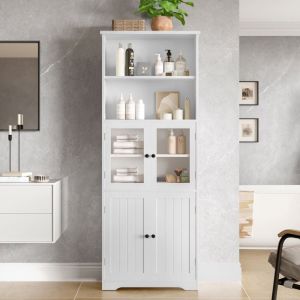 Meuble de salle de bain, Colonne, rangement 5 niveaux, avec deux cloisons amovibles, porte vitrée, peinture hydrofuge, 57 x 28 x 160 cm, Blanc