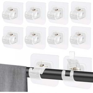 10 Pi&egrave;ces Support Tringle Rideaux Sans Percage,Supports de Tringle Auto Adh&eacute;sifs Transparent,Support Am&eacute;Lior&eacute; Rideaux,Sans Percage Support Crochets