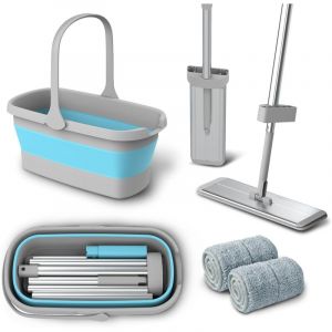 Balai plat en aluminium 400 mm qualit&eacute; sup&eacute;rieure, seau pliable et 2 serpill&egrave;res r&eacute;utilisables microfibre mains libres, poign&eacute;e alliage aluminium 134