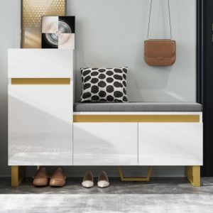 Meuble &agrave; chaussures avec banc, Armoire de rangement pour entr&eacute;e, Banc de chaussage moderne avec tiroir et portes, Design &eacute;pur&eacute;, Blanc