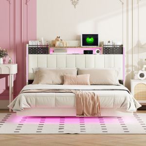Lit rembourré, 140 x 200, lit double avec éclairage led et port usb, lit plat au design moderne et simple avec tête de lit de rangement, cadre à