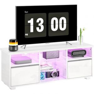 Meuble TV - HOMCOM - 120 cm - pour téléviseur jusqu'à 55 pouces - éclairage LED et télécommande - étagères en verre - blanc