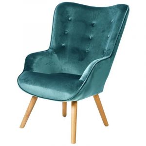 Meublorama - Fauteuil de salon en velours bleu canard avec pieds en bois collection enjoy. Style scandinave