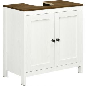 Meuble de salle de bain 2 portes avec tablette, 60 cm de large, blanc et imitation bois, rangement sous lavabo