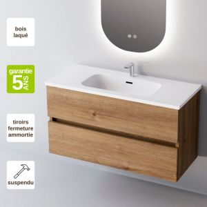 Meuble de salle de bain plan vasque Céramique, 2 Tiroirs,l60xh54xp45, Chêne Naturel, ANCONA