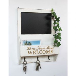 Organisateur mural Dandibo Tableau à clés vintage en bois avec étagère 93751 Blanc 40 cm Tableau à clés Porte-papier Tableau à craies Boîte à clés