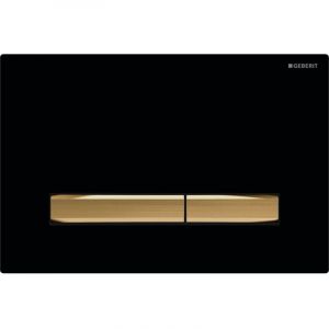 Plaque de commande double Geberit Sigma50, carr&eacute;e, laiton m&eacute;tallique : plaque de base et bouton : laiton, plaque de recouvrement : noire