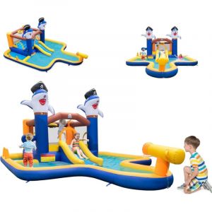 Costway - 7 en 1 Ch&acirc;teau Gonflable en Forme Requin avec Toboggan & Jeu de Boxe, Aire de Jeux Gonflable avec Maison de Saut & Piscine, Charge 90kg