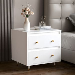 Table de Chevet, Table de Chevet avec 2 Tiroirs Scandinaves, Table de chevet moderne avec quincaillerie dor&eacute;e, Dimensions 45 x 40 x 52 cm, Blanc