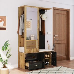 Ensemble armoire avec miroir, meuble à chaussures, banc à chaussures avec crochets et cintres rétractables, noir et naturel