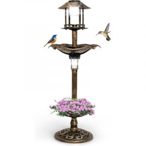 Bain d'oiseaux sur Pied Solaire, Mangeoire Oiseaux Ext&eacute;rieur avec 2 Lampes &agrave; Energie Solaire, Support Remplissable, 3 Piquets, Abreuvoir Oiseaux