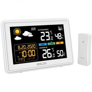 Station météo sans Fil, Thermomètre Hygromètre Baromètre Intérieure Extérieure avec Capteur LED Ecran Rétro-éclairage Horloge Numérique Alarme Blanc