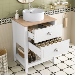 Meuble vasque de salle de bain avec vasque ronde en c&eacute;ramique &ndash; vasque simple avec 2 tiroirs et compartiment de rangement ouvert &ndash; meuble vasque sur