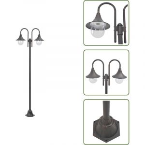 Lampadaire de jardin E27 220 cm Aluminium 2 lanternes Bronze - Lampadaire De Jardin - &Eacute;clairage Ext&eacute;rieur - Luminaire De Terrasse - Lumi&egrave;re