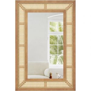 Goplus - Miroir Mural Rectangulaire en Rotin, 90 x 60 cm, Cadre en Bois, Verre en Aluminium, Miroir Bohème Décoratif Rustique pour Salon, Chambre,