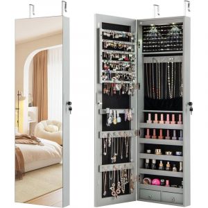 GOPLUS Armoire &agrave; Bijoux avec Miroir, Armoire a Bijoux Murale avec &Eacute;clairage LED, 2 Tiroirs, Fixer au Mur ou &agrave; Suspendre sur Porte, pour Ranger