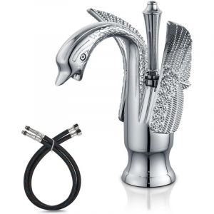 Robinet d'&eacute;vier de salle de bain poli chrome cygne en forme de poign&eacute;e unique un trou lavabo robinet m&eacute;langeur pont de montage, argent&eacute;