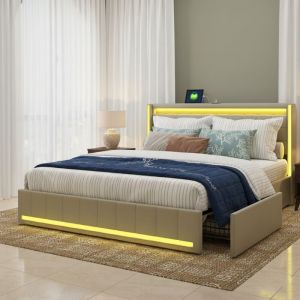 Lit 140x200 avec 4 tiroirs, lit adulte capitonn&eacute; avec sommier, &eacute;clairage LED RGB, ports USB et Type-C, style scandinave - Beige