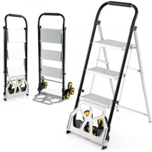 COSTWAY Diable Pliable et &Eacute;chelle 2 en 1, Escabeau en Aluminium &agrave; 3 Marches avec P&eacute;dales Antid&eacute;rapantes, Chariot Portable avec Roues en Caoutchouc