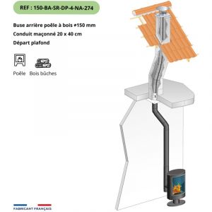 Kit tubage et raccordement poele a bois, buse diam. 150mm sortie arriere-Flexible l. 4m pour boisseau rectangulaire, depart plafond-Raccordement