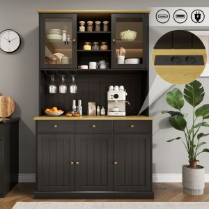 Buffet de cuisine haut 191 cm, armoire vitr&eacute;e avec porte-gobelet, meuble de rangement prises USB-C/A, prise &eacute;lectrique int&eacute;gr&eacute;e, MDF noir