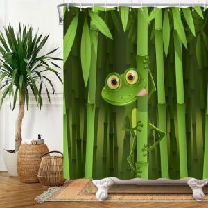 120x180cm Mignon Grenouille Rideau de Douche Dr&ocirc;le Grenouille Bambou Dessin anim&eacute; Animal Abstrait Arbre Feuilles Vert Rideau de Baignoire pour