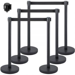 Vevor Poteaux de Separation, 6 Pcs Poteau de Guidage avec 2 m Ceinture Retractable Noire, Barriere Balisage Stable en Acier Inoxydable avec