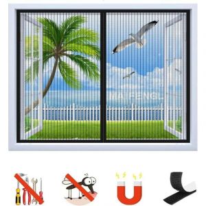 Moustiquaire Fen&ecirc;tre Magn&eacute;tique, Auto-Adh&eacute;sif Rideau en Maille Moustiquaire Porte Magn&eacute;tique, Fermeture Automatique, pour Fen&ecirc;tre Portes-Black-A