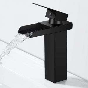 Ccykxa - Moderne Robinet Salle de Bain Noir Cascade, Mitigeur Lavabo Cascade, Robinet Lavabo avec Bec Hauteur 140mm, Mitigeur Salle de Bain en