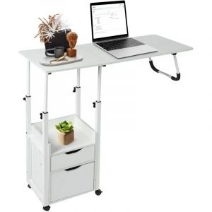 Table d'appoint multifonctionnelle pour ordinateur portable, Table de lit avec roulettes, hauteur r&eacute;glable, table d'appoint avec 2 tiroirs, table