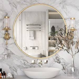 Miroir circulaire doré, miroir mural rond de 70cm, grand miroir de salle de bain, miroir de courtoisie mural sur évier pour salon, toilettes,