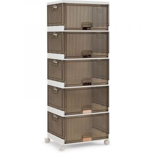 GOPLUS Boîtes à Chaussures Empilable Pliable à 5 Niveaux avec Portes Rabattables Transparentes,Roulettes Verrouillables