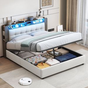 Sureh - Lit coffre 160x200 cm, Lit adulte avec led, Lit double avec rangement, Lit rembourré avec sommier, Lit capitonné avec Station de charge sans
