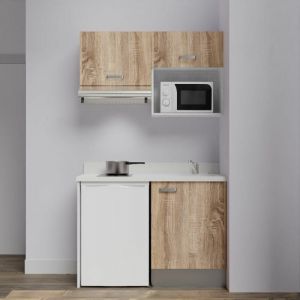 Kitchenette K02L - 120 cm avec plan monobloc, emplacement frigo, hotte et micro-ondes-Bois-Snova-&eacute;vier &agrave; droite