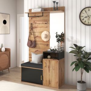 Modernluxe - Vestiaire d'entrée avec miroir et meuble à chaussures - Hauteur 190cm - Naturel & Noir