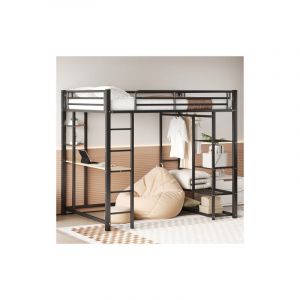Lit mezzanine enfant, lit mezzanine 140x200 cm avec burau, échelle, cadre de lit en métal avec étagères de rangements, noir