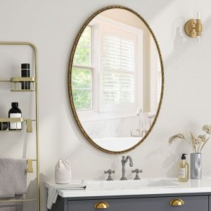 Redom - Miroir ovale rétro en fer forgé, effet antique, à suspendre au mur, adapté à la salle de bain, à la chambre à coucher, au salon (doré)