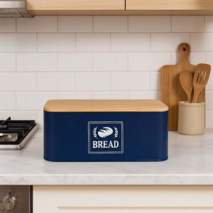 Boite a pain avec couvercle en bambou - design retro boitier en metal