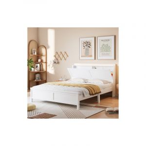 Lit adulte 140x200 cm lit double avec étagère ouverte, porte abattante et éclairage led, en bois de pin, blanc, sans matelas